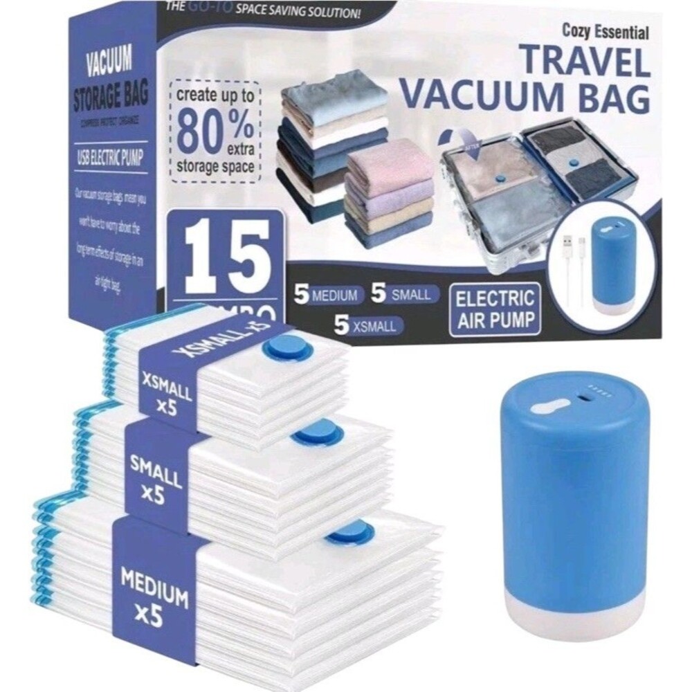Cozy Essential 15 Pack Travel Vacuum Storage Bags 15 Combo-E, Transparent
